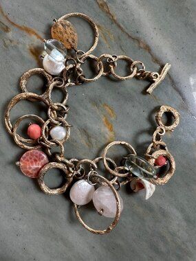 Multi-Gem Gold Charm Bracelet Rose Quartz Pearl Boho